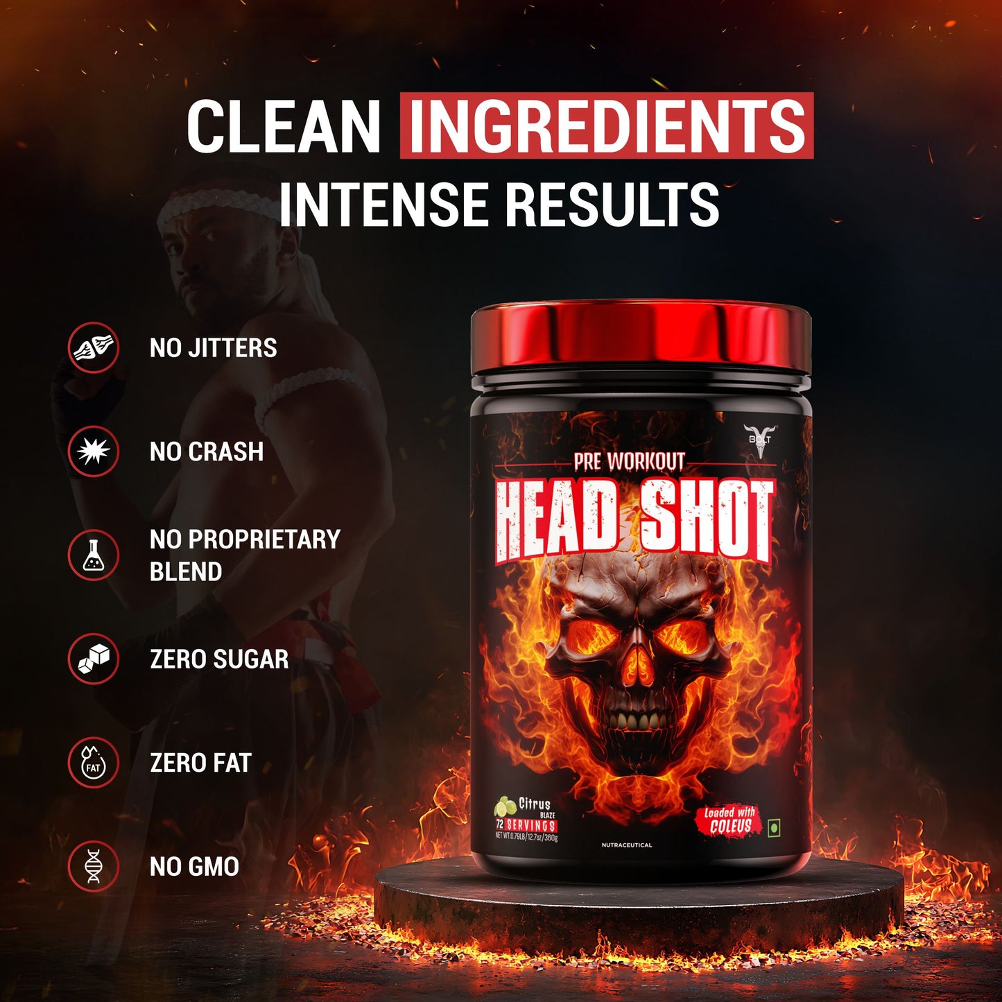 Citrus Blaze, head shot pre workout supplement container with red skull design on a dark background, featuring text about product attributes.