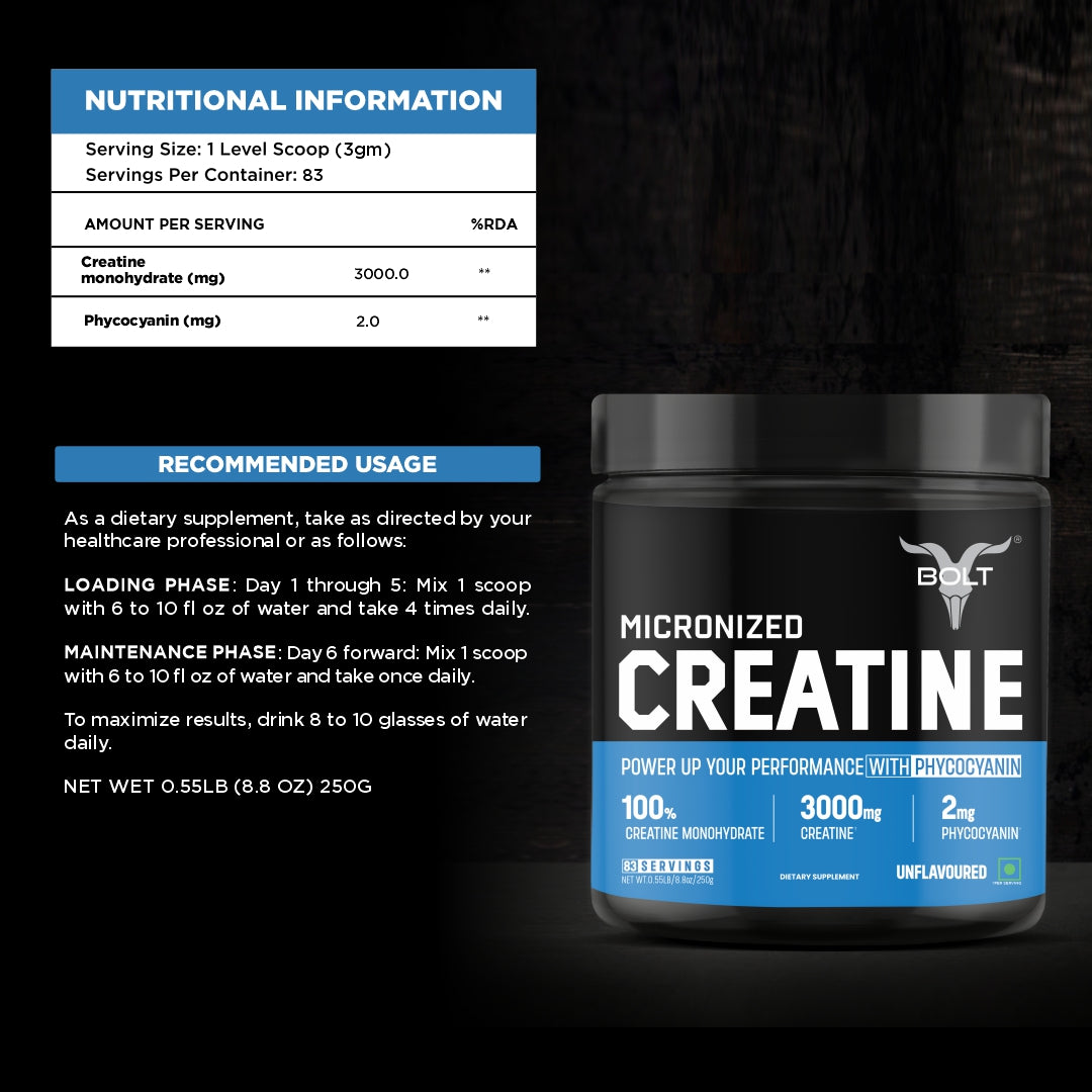 unflavoured, best creatine supplement container with nutritional information and usage instructions on a black background.