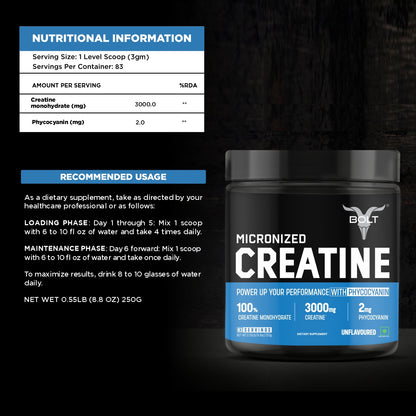 unflavoured, best creatine supplement container with nutritional information and usage instructions on a black background.