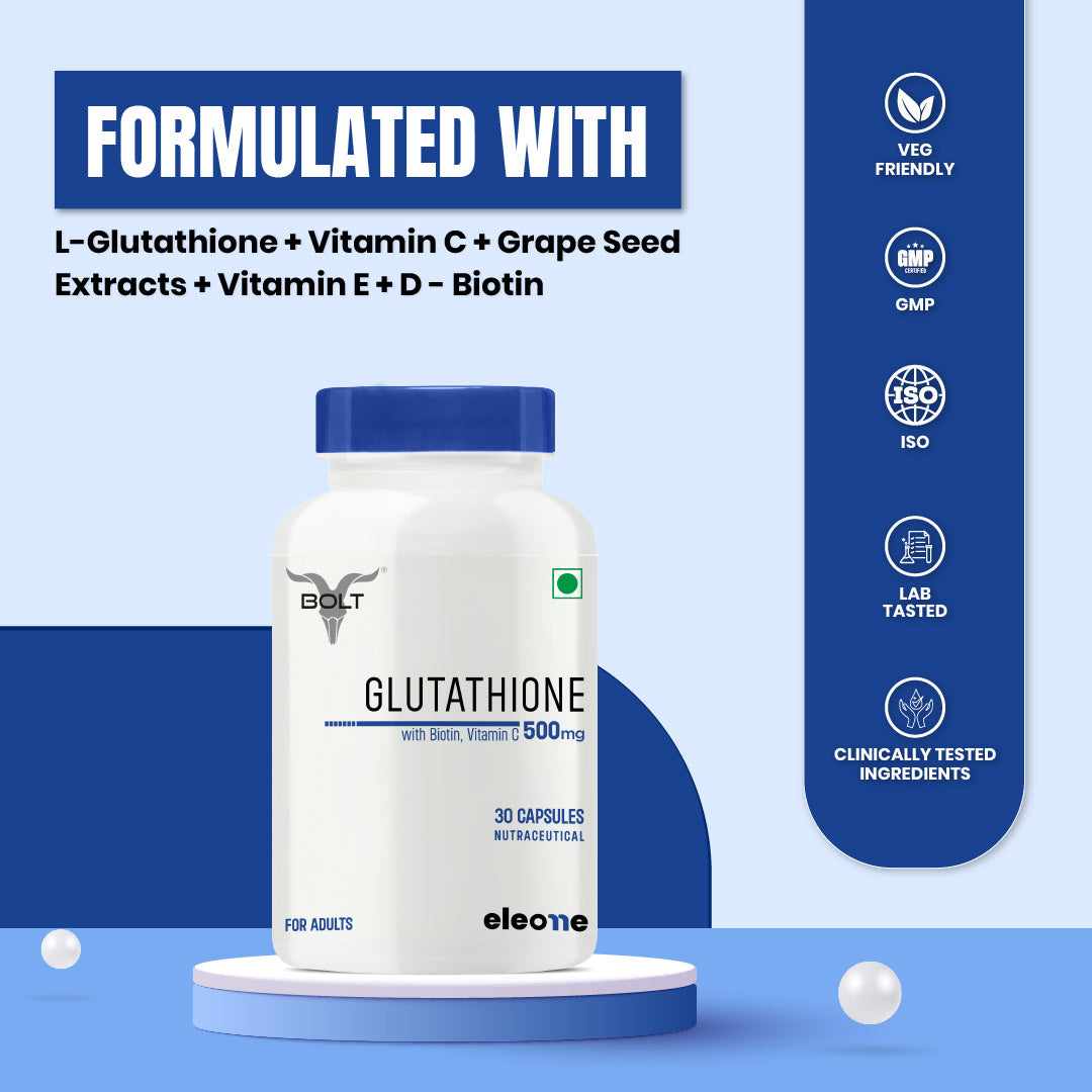 eleone by Bolt Glutathione (30 Veg Capsules) | With Vitamin C & E, Biotin | For Skin Glow and Hydration