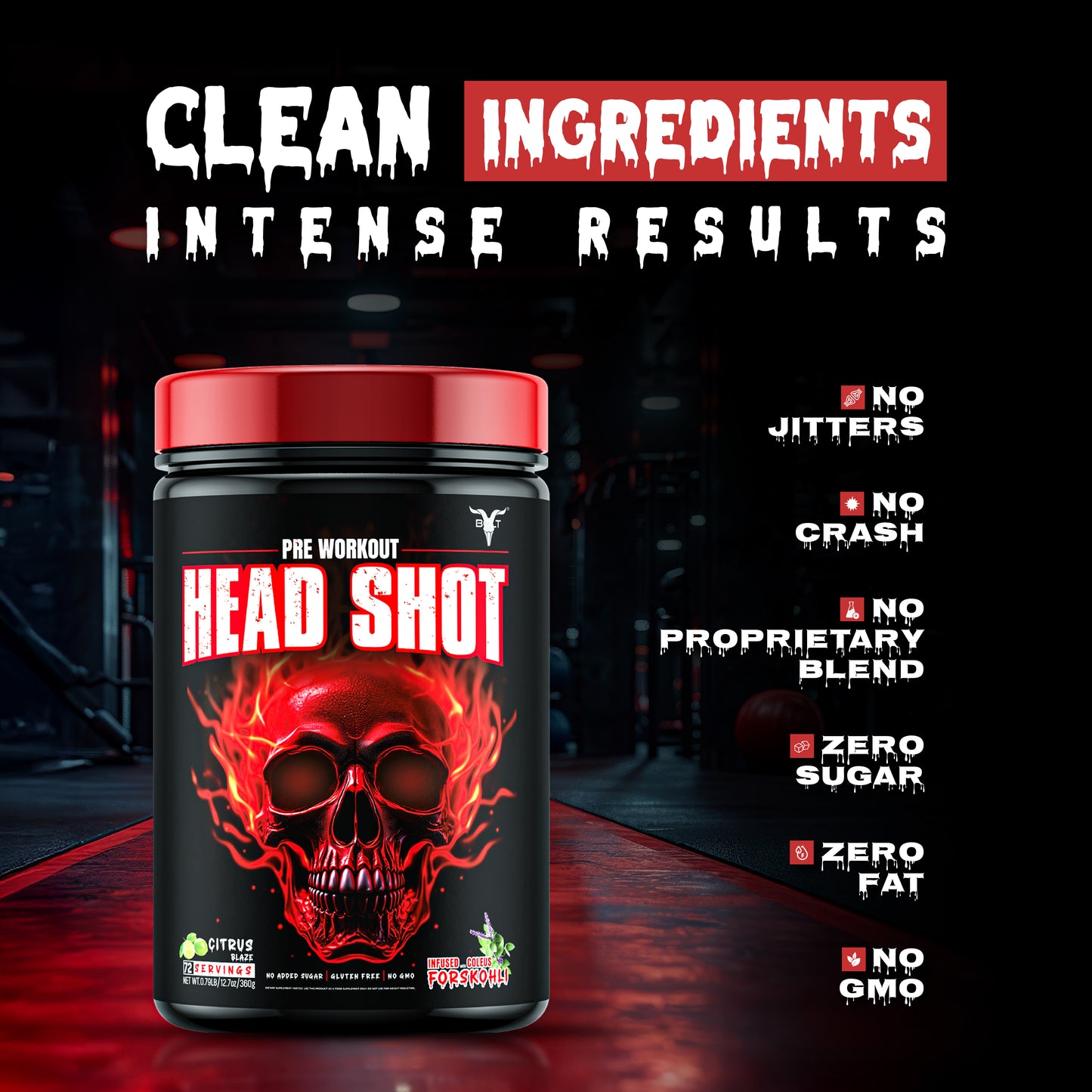 Citrus Blaze, head shot pre workout supplement container with red skull design on a dark background, featuring text about product attributes.