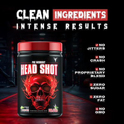 Citrus Blaze, head shot pre workout supplement container with red skull design on a dark background, featuring text about product attributes.