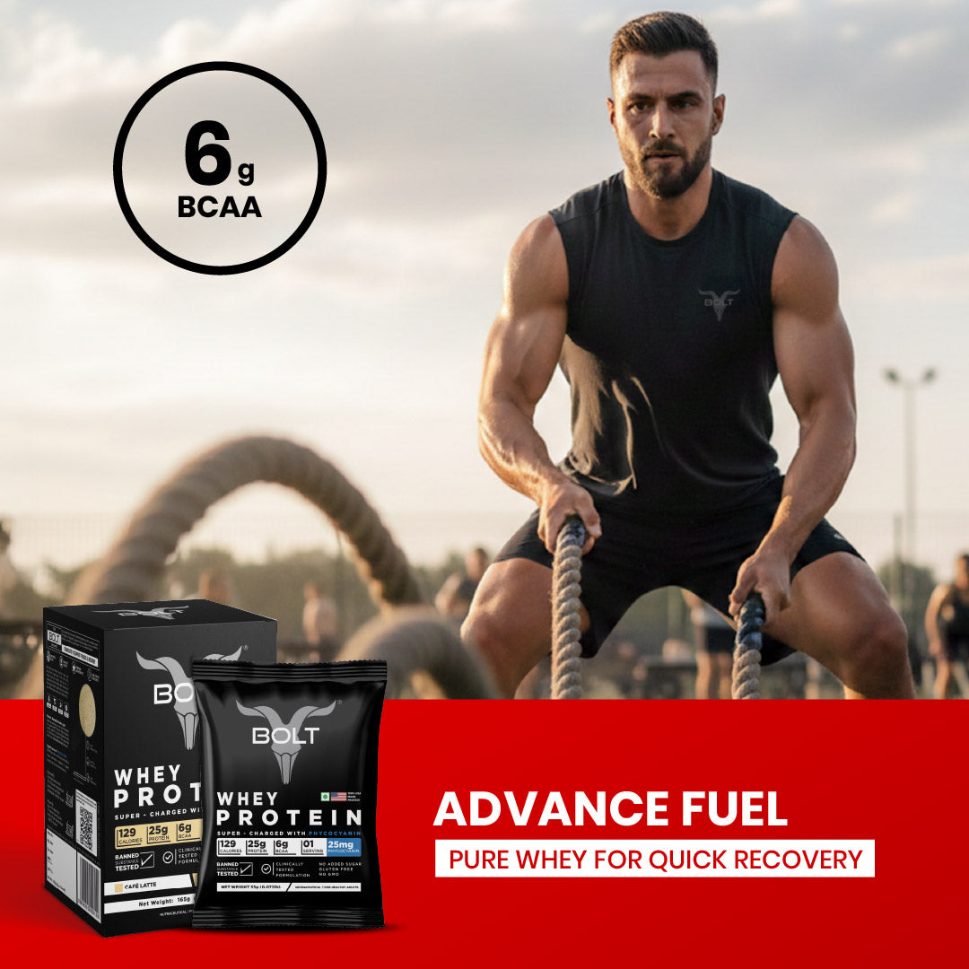 Cafe Latte_Man pulling ropes with protein supplement packaging and text about BCAA benefits on a sports f