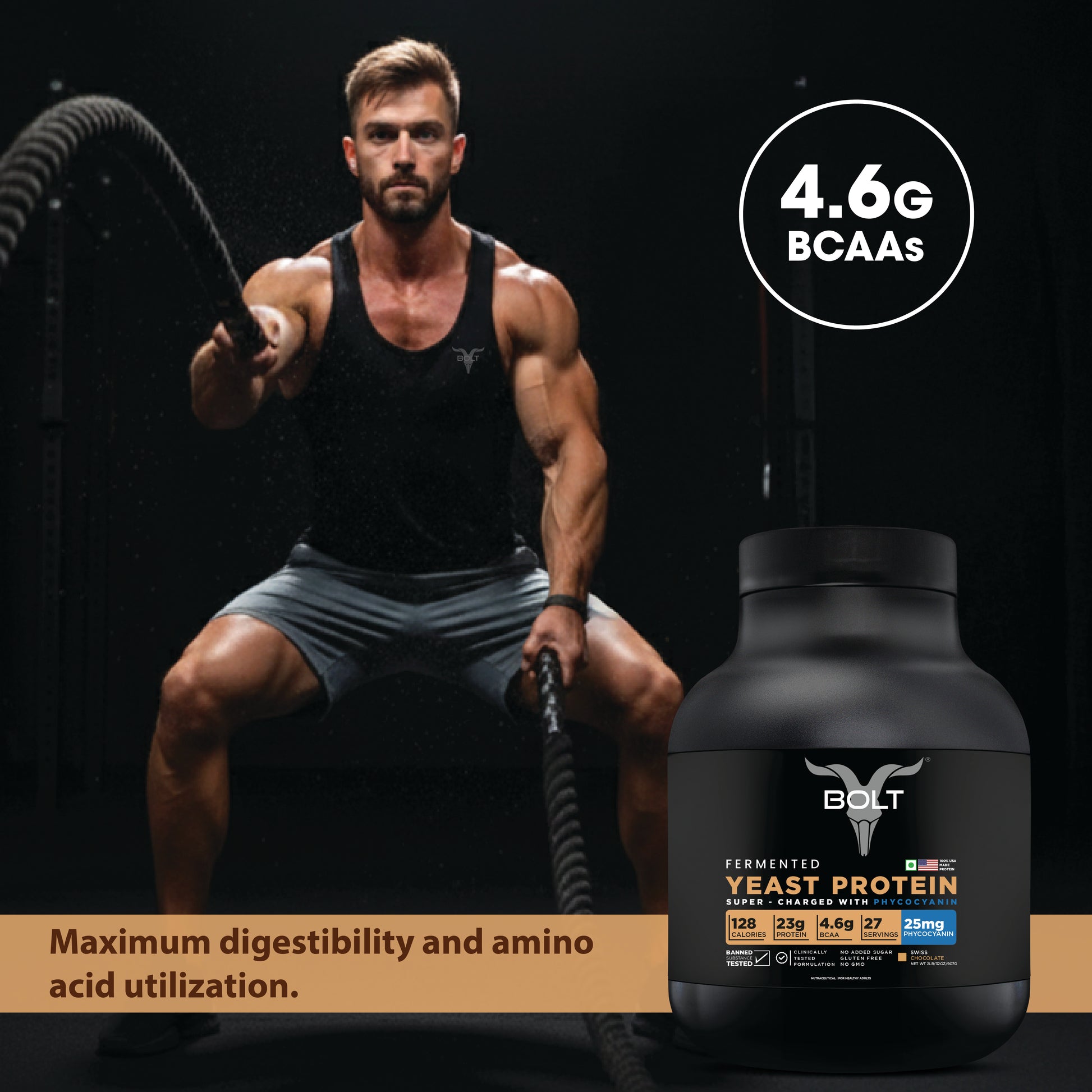 swiss chocolate_Man exercising with a protein supplement labeled 'Bolt' on a dark background