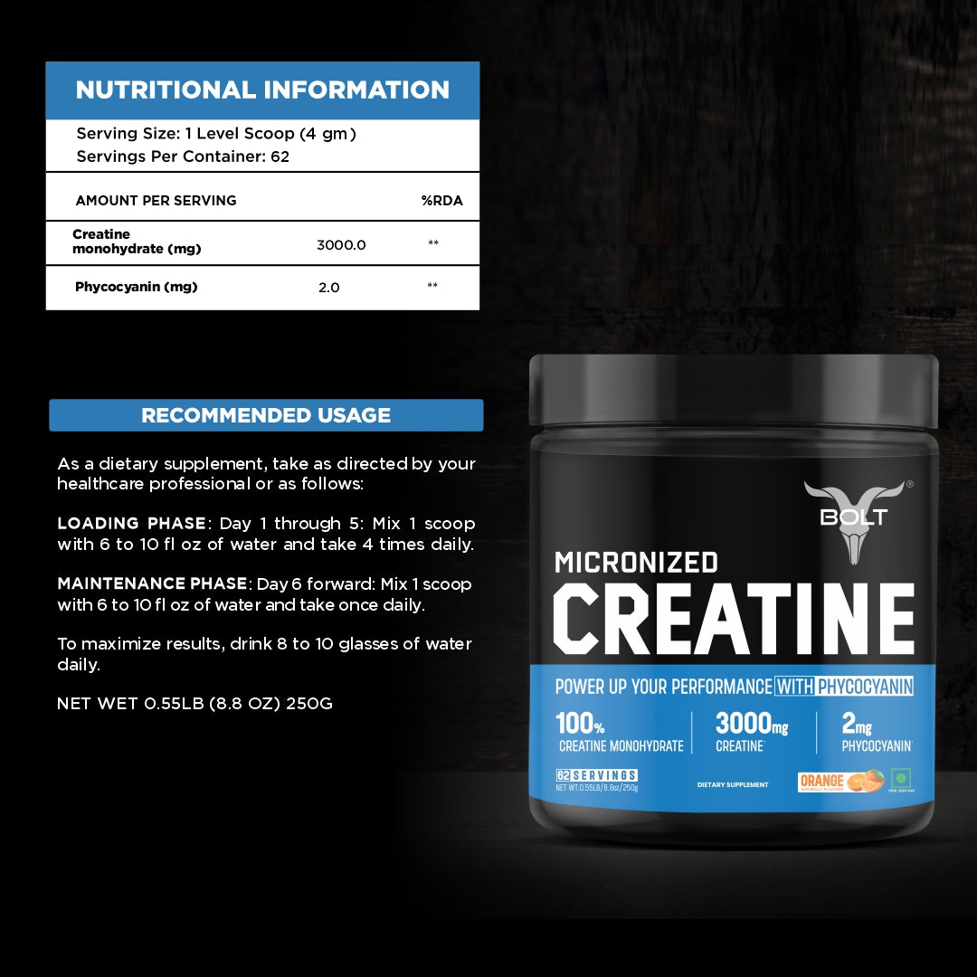  orange Bolt Micronized Creatine supplement container with nutritional information and usage instructions on a dark background.