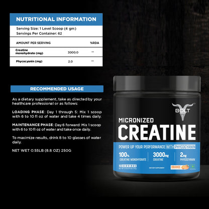  orange Bolt Micronized Creatine supplement container with nutritional information and usage instructions on a dark background.