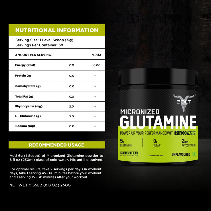 Bolt Micronised Glutamine 5000 | Boosts Athletic Performance | Fuels Muscles | Provides Energy Support for Heavy Workout | Formulated In USA