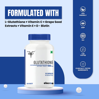 Eleone by Bolt Glutathione Capsules 500mg 30 Veg Capsules | With Vitamin C & E, Biotin Eleone by Bolt Glutathione Capsules 500mg 30 Veg Capsules | With Vitamin C & E, Biotin