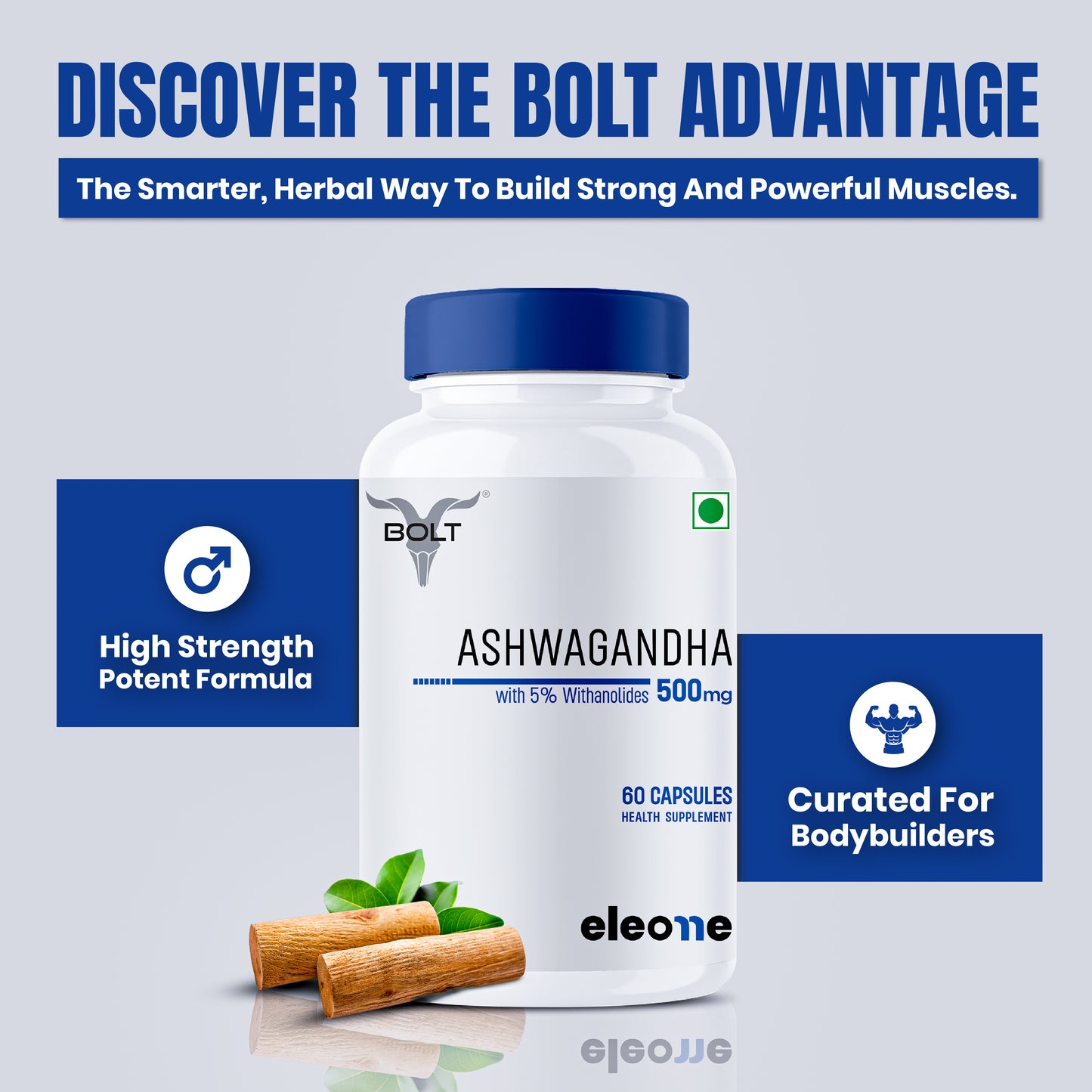 eleone by Bolt Ashwagandha (30 Veg Capsules) | standardized to 5% Withanolides | Support strength & energy