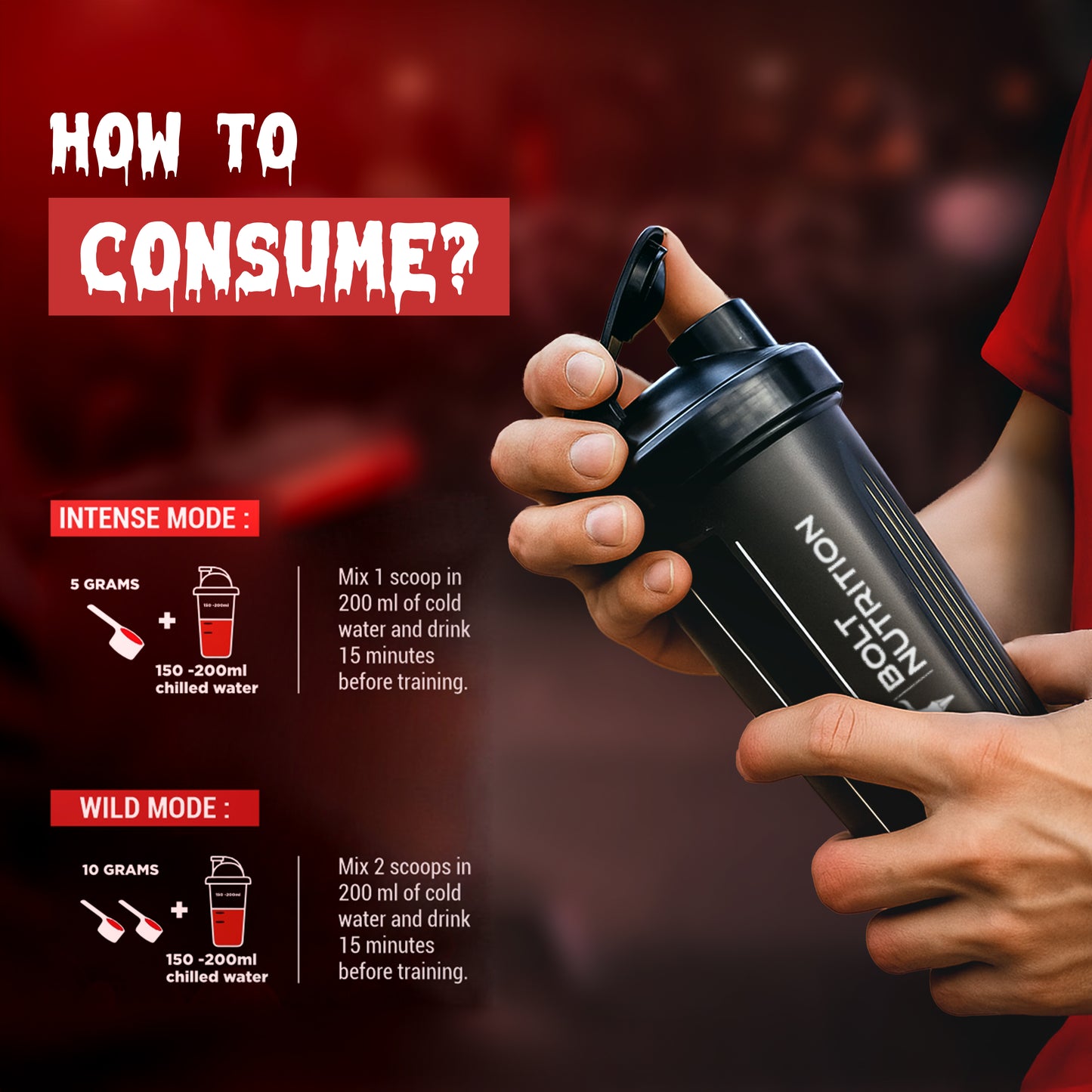 Citrus Blaze, head shot pre workout supplement Person holding a black protein shaker with consumption instructions on a red background