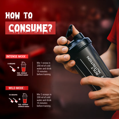 Citrus Blaze, head shot pre workout supplement Person holding a black protein shaker with consumption instructions on a red background