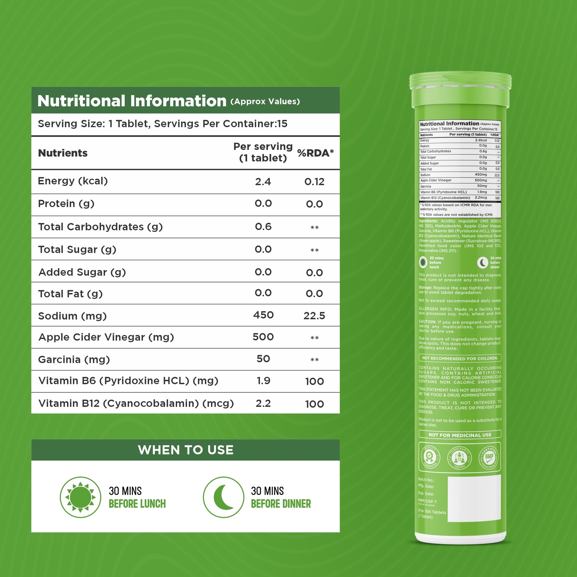 Green apple_Nutritional information label and supplement tube on a green background