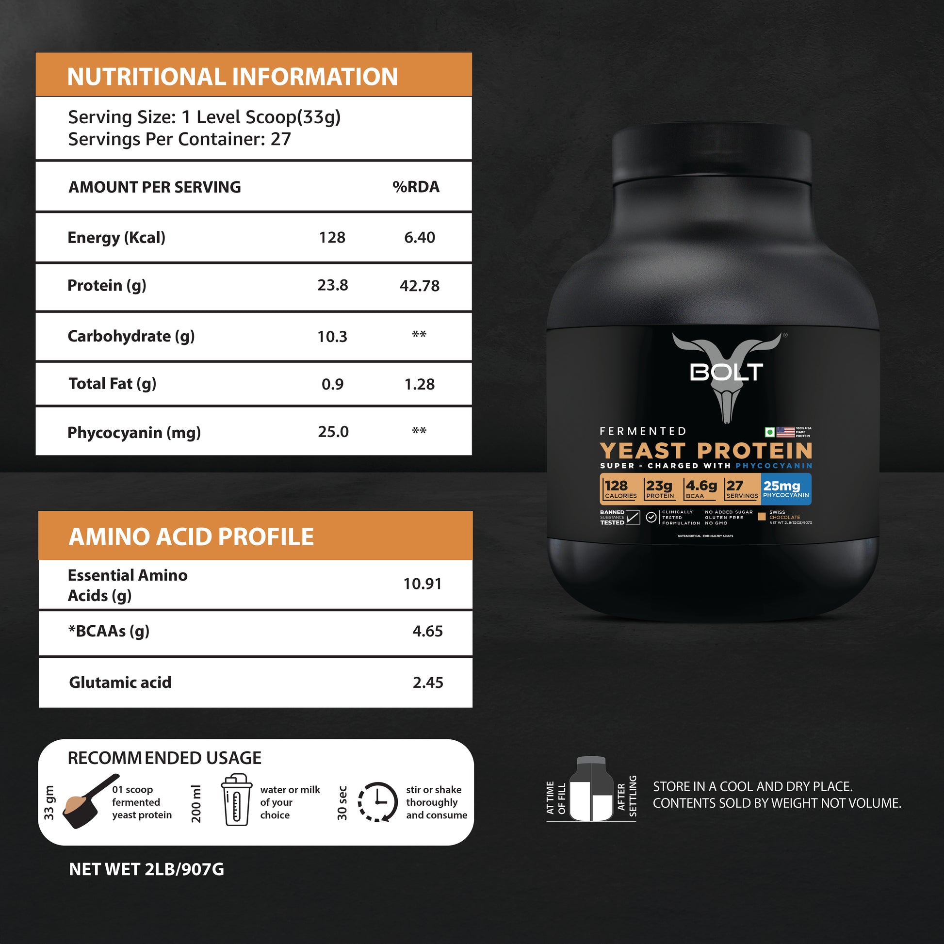 swiss chocolate_Bolt fermented yeast protein supplement with nutritional information on a dark background