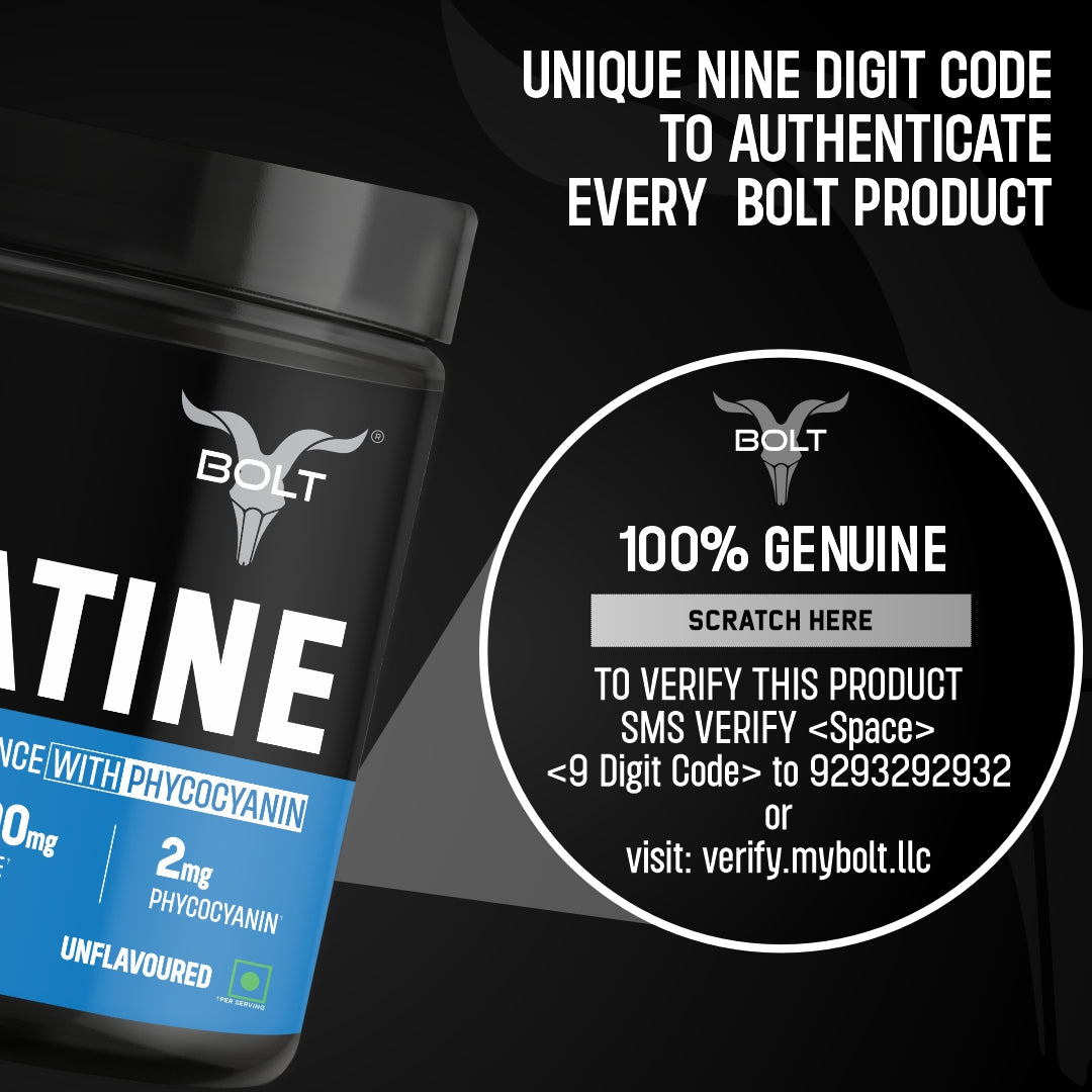 unflavoured, best creatine supplement bottle with authentication code information on a black background