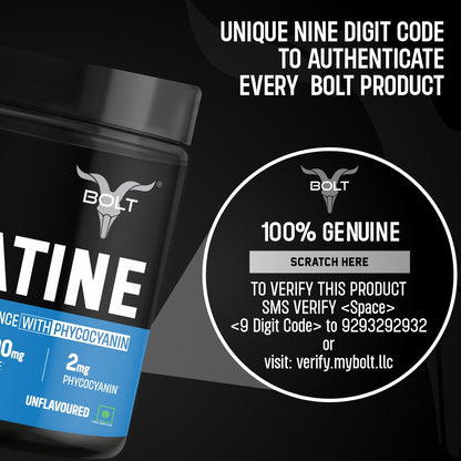 unflavoured, best creatine supplement bottle with authentication code information on a black background