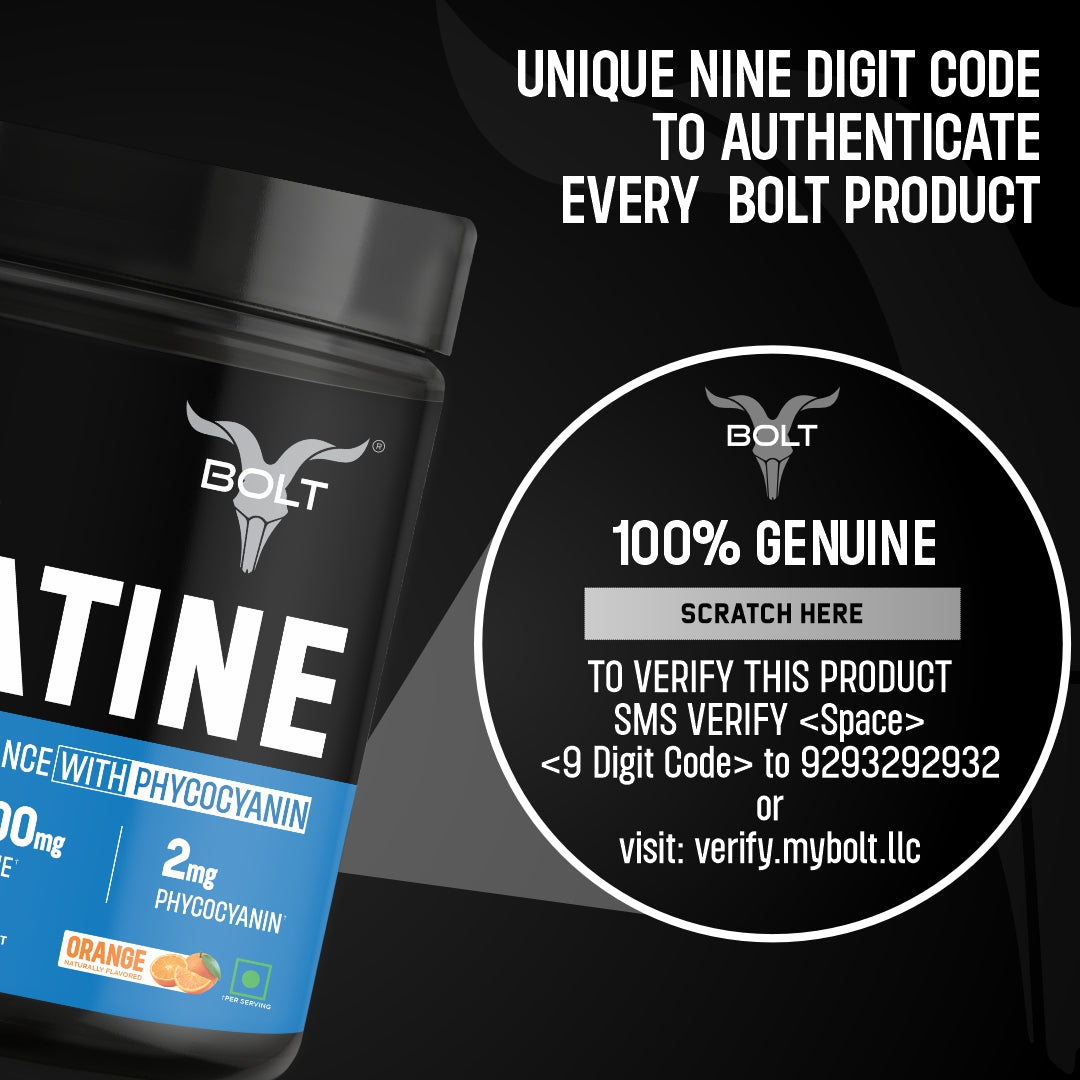 orange Bolt L-arginine supplement bottle with authentication code information on a black background