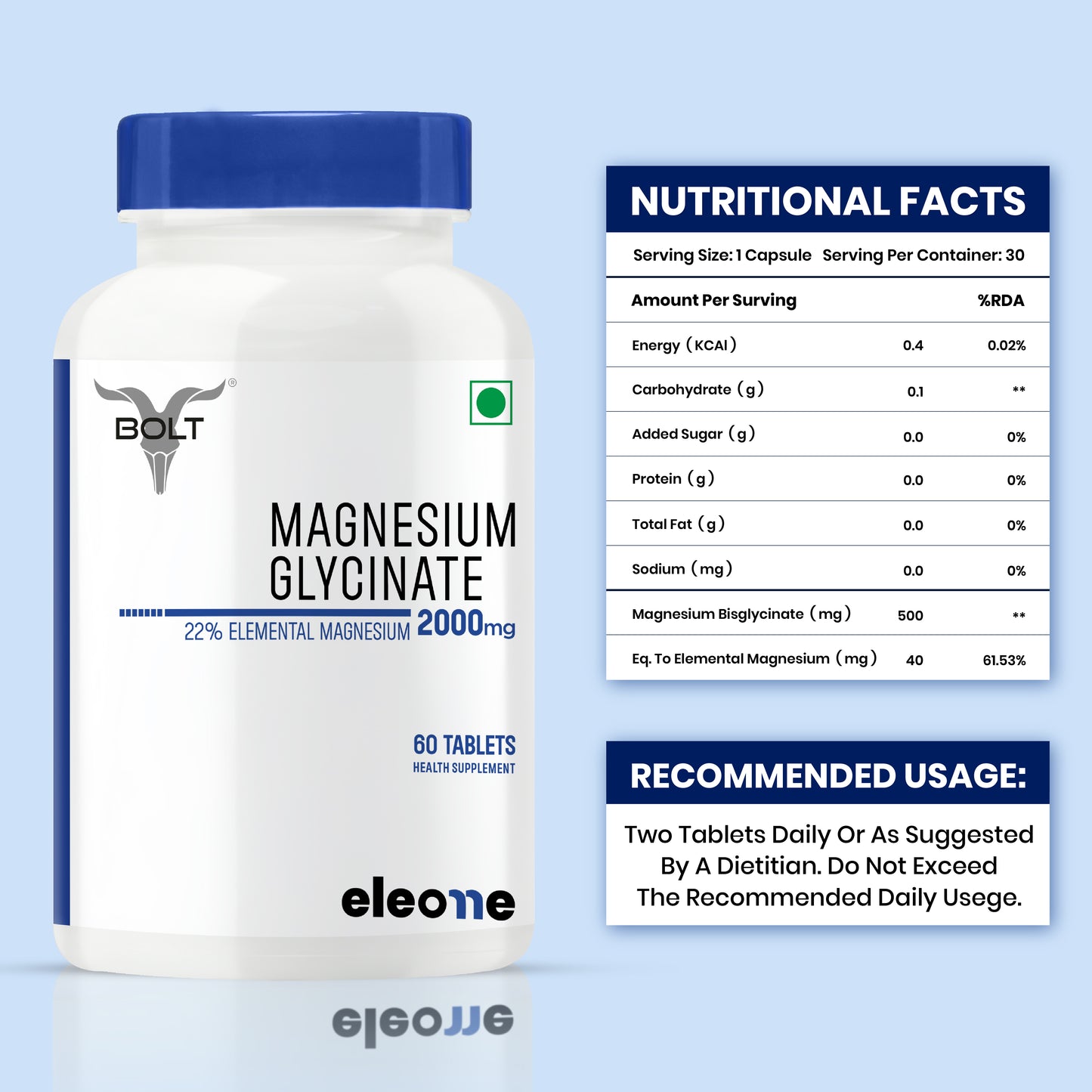 eleone by Bolt Magnesium Glycinate 2000mg (440mg Elemental Magnesium) | For Men & Women | 60 Tablets | High Absorption | Supports Relaxation, Bone, Muscle & Sleep Health