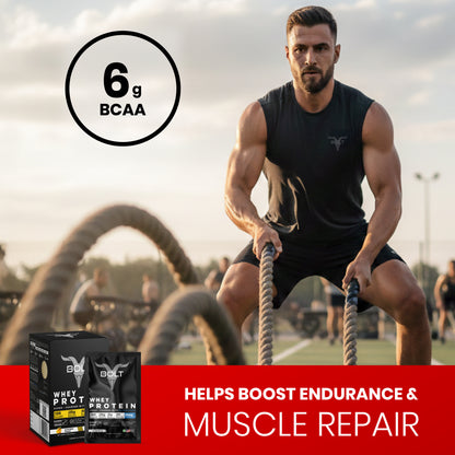Alphonso Mango__Man pulling ropes with protein supplement packaging and text about BCAA benefits.