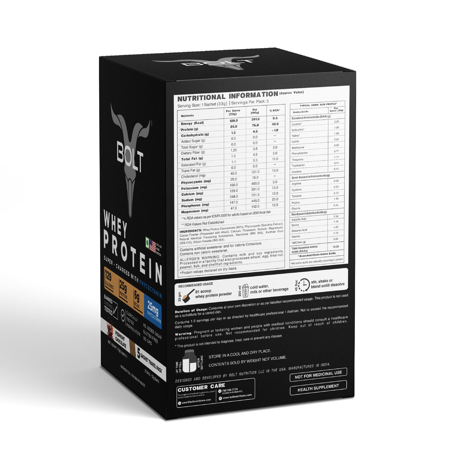 Piedmont chocolate_Black protein powder box with nutritional information on a white background