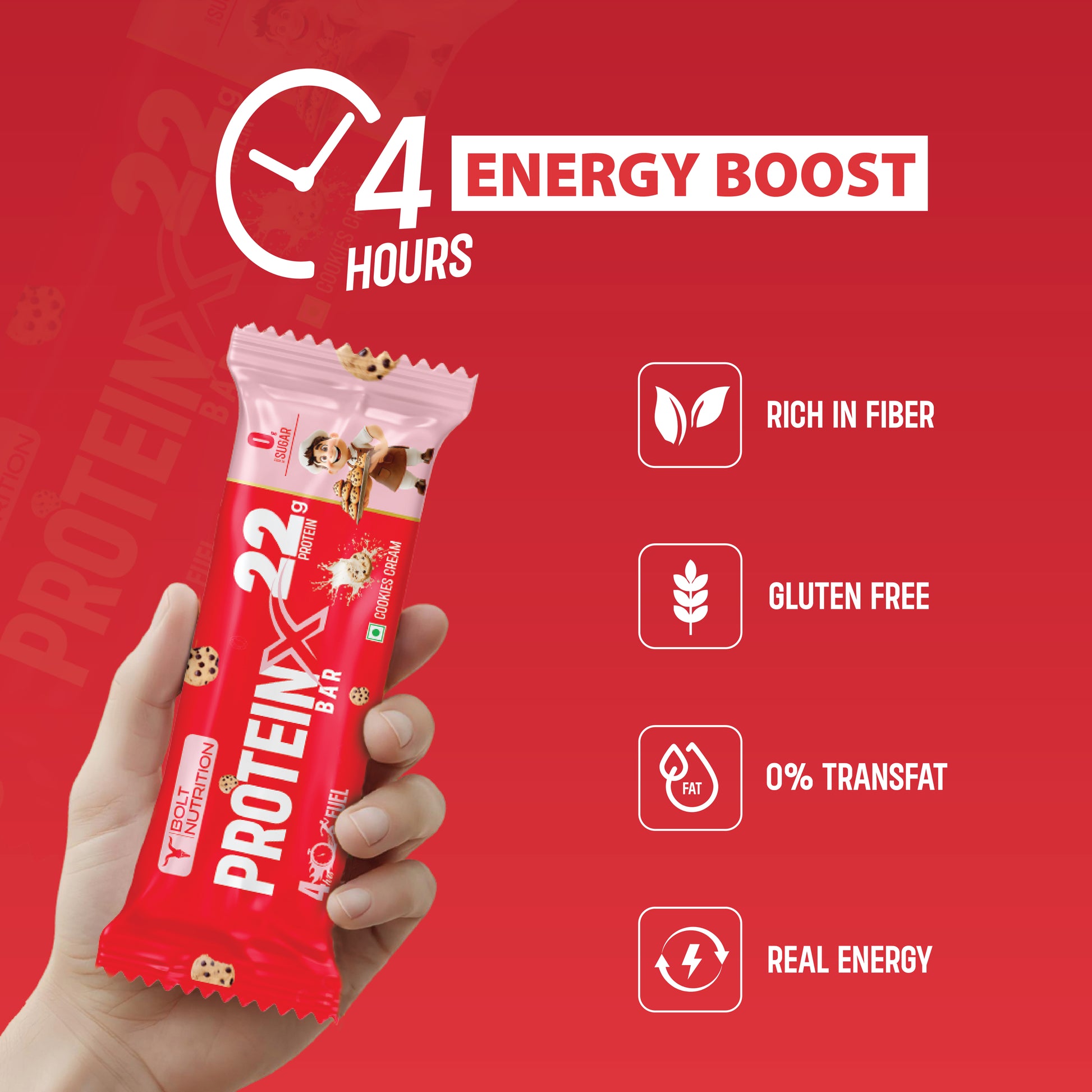 Cookie & Cream, Bolt Nutrition ProteinX 22g Cookie & Cream protein bar with 4 hours energy boost, real energy, gluten free and high fiber