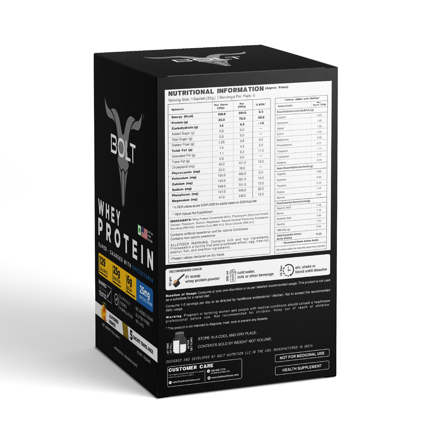 Alphonso Mango__Black box of Bolt whey protein with nutritional information on a white background