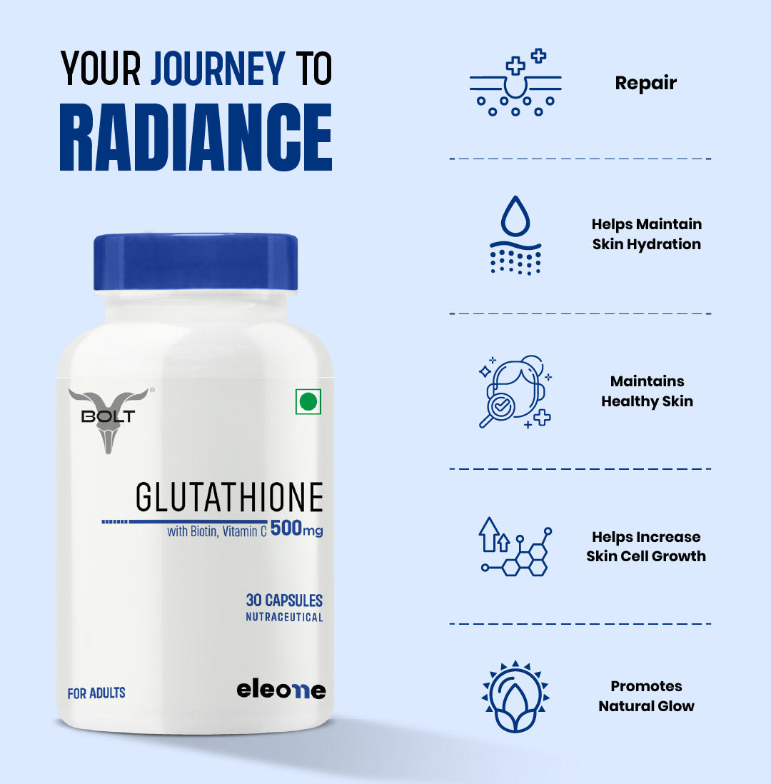 eleone by Bolt Glutathione (30 Veg Capsules) | With Vitamin C & E, Biotin | For Skin Glow and Hydration