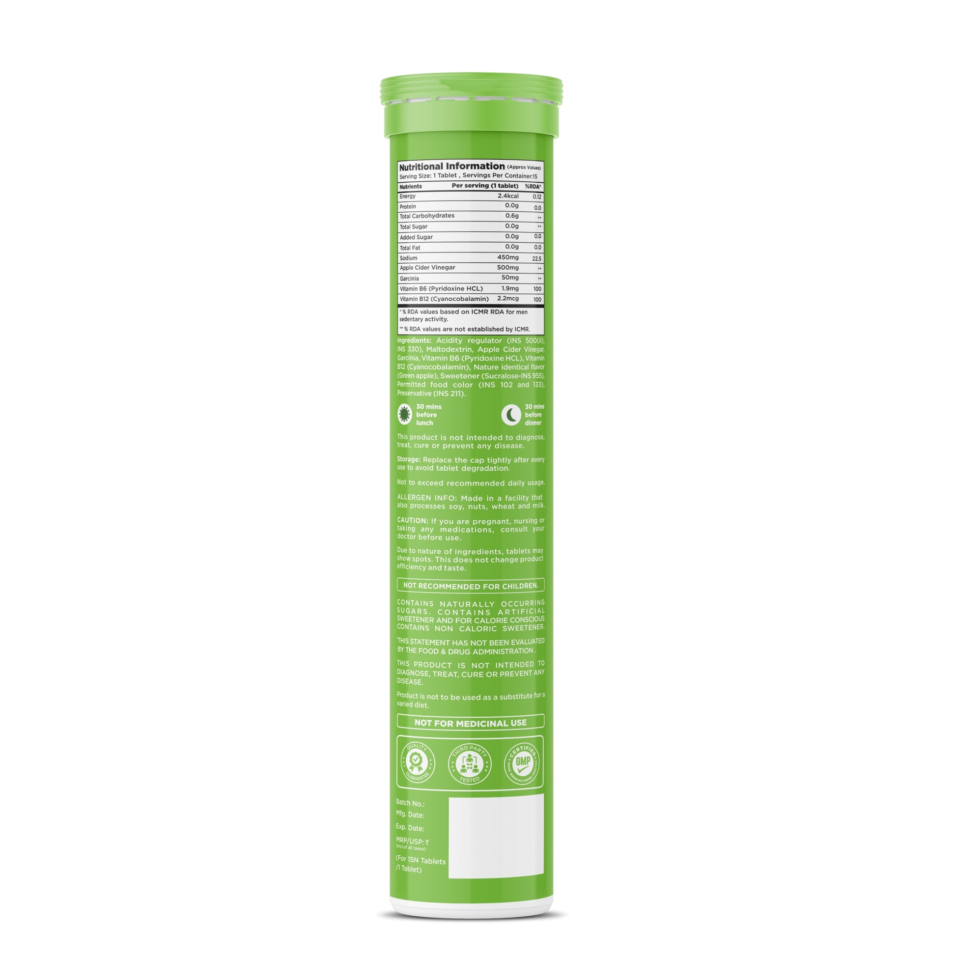 Green apple_Green supplement tube with label on a white background