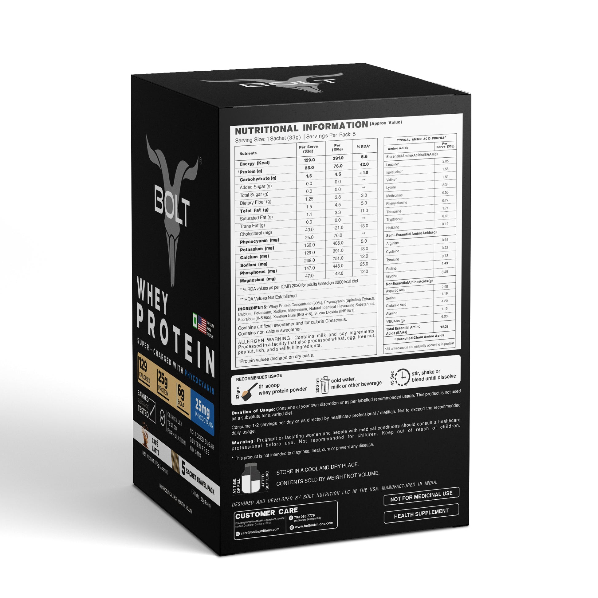 Cafe Latte_Black whey protein box with nutritional information on a white background