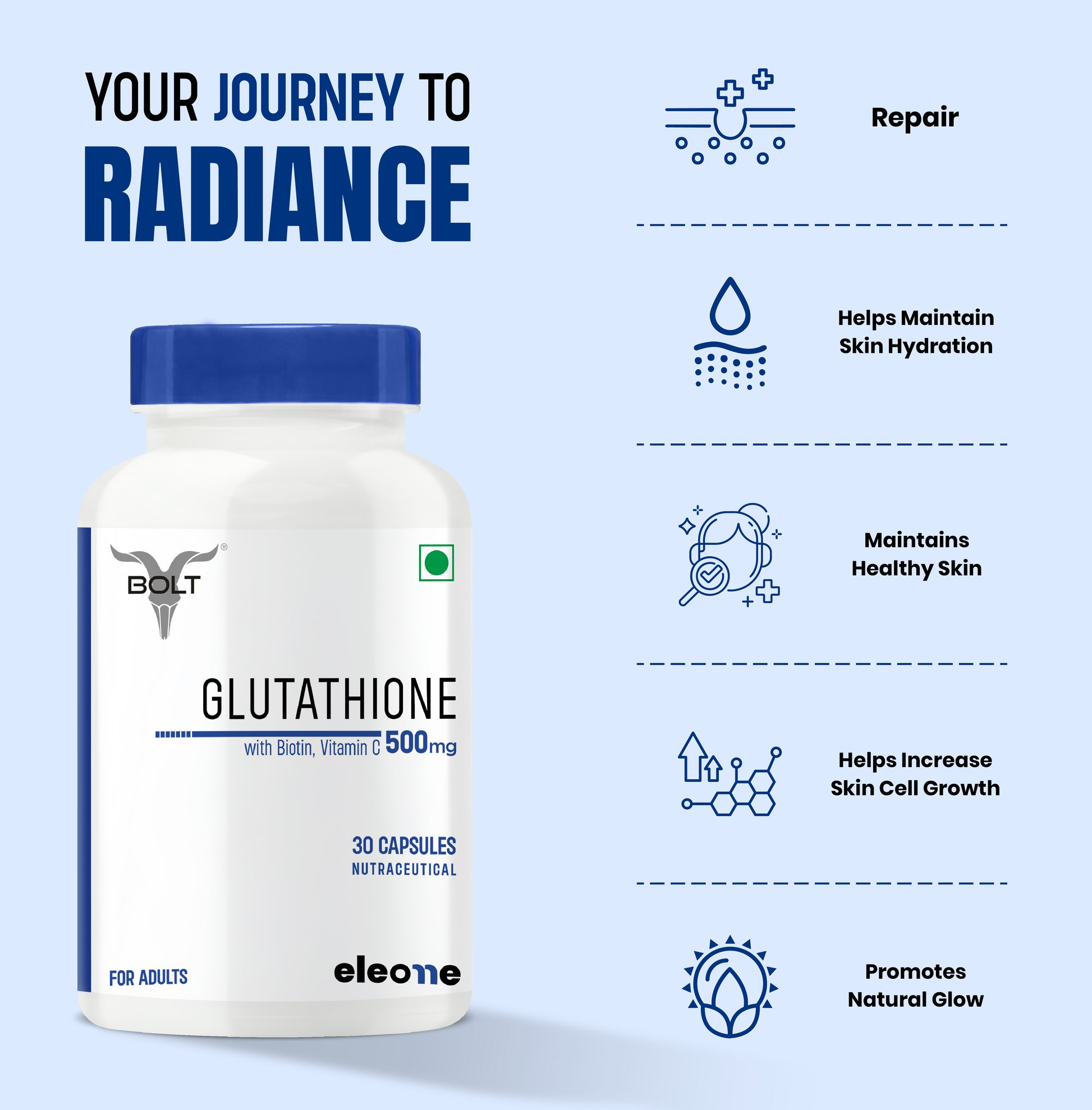 Eleone by Bolt Glutathione Capsules 500mg 30 Veg Capsules | With Vitamin C & E, Biotin Eleone by Bolt Glutathione Capsules 500mg 30 Veg Capsules | With Vitamin C & E, Biotin