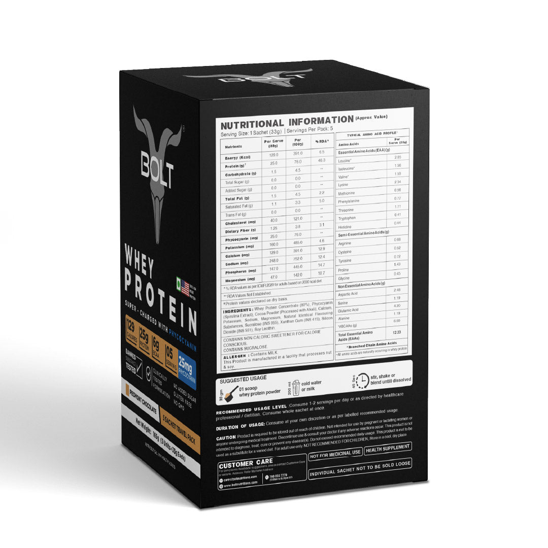 Piedmont chocolate_Black protein powder box with nutritional information on a white background