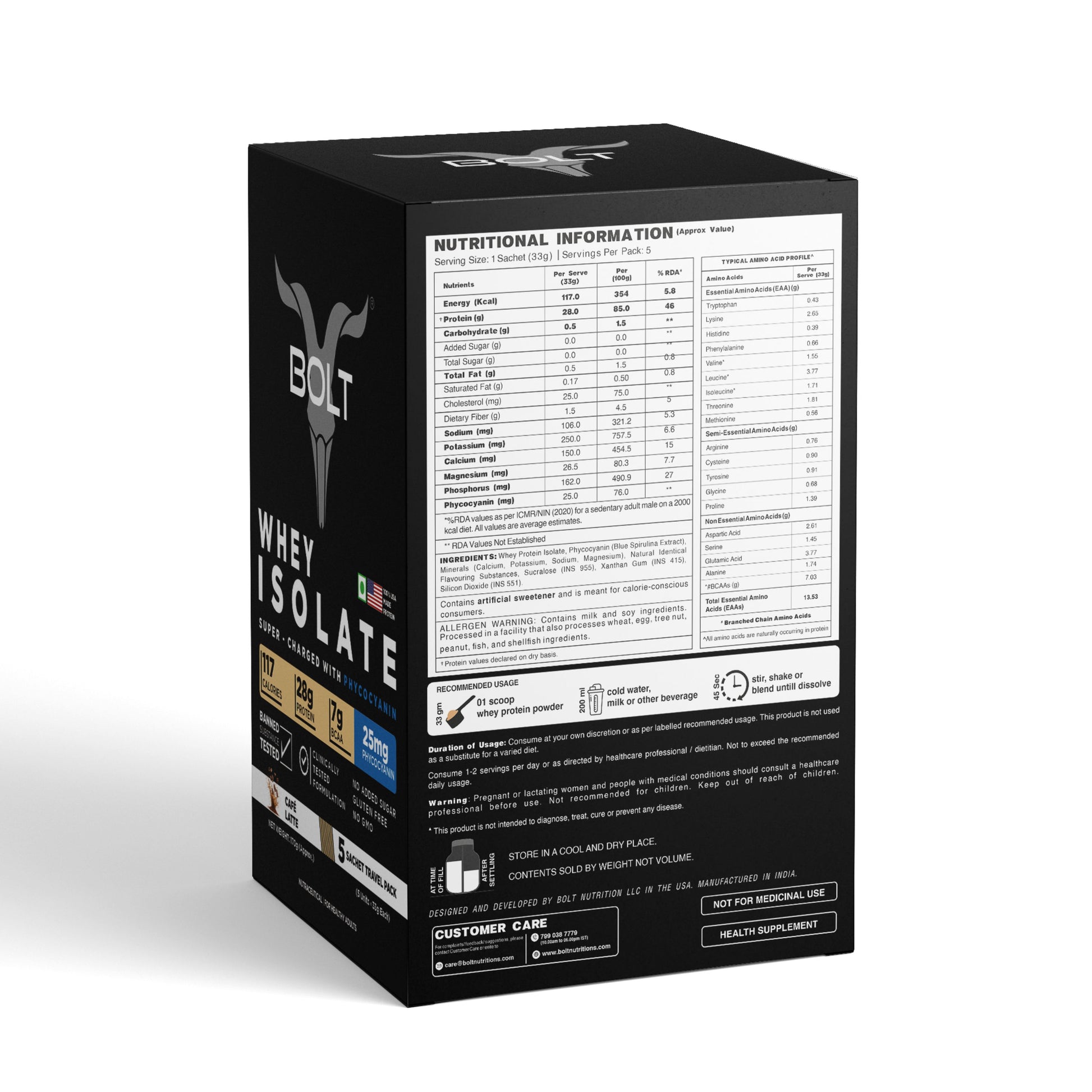 Bolt Whey Isolate Protein 5 Sachet Travel (5x33g) | With Superfood PHYCOCYANIN | USA Formulation & Origin-Dietary Supplements-Bolt Nutrition India-Bolt Nutrition, Cafe Latte