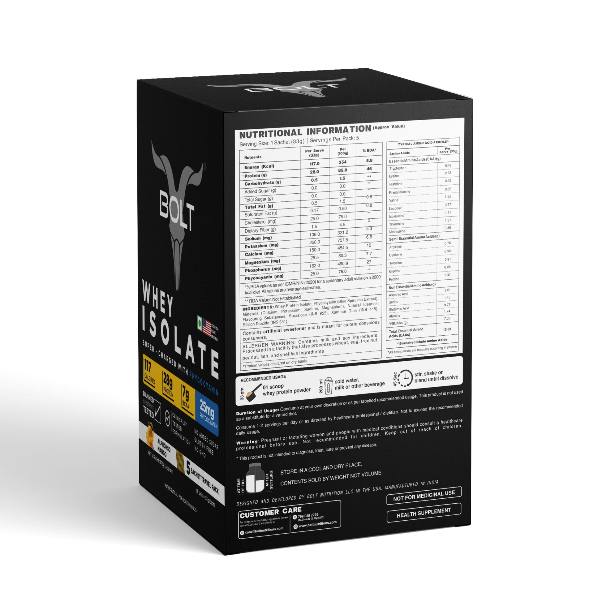 Bolt Whey Isolate Protein 5 Sachet Travel (5x33g) | With Superfood PHYCOCYANIN | USA Formulation & Origin-Dietary Supplements-Bolt Nutrition India-Bolt Nutrition, Alphonso Mango