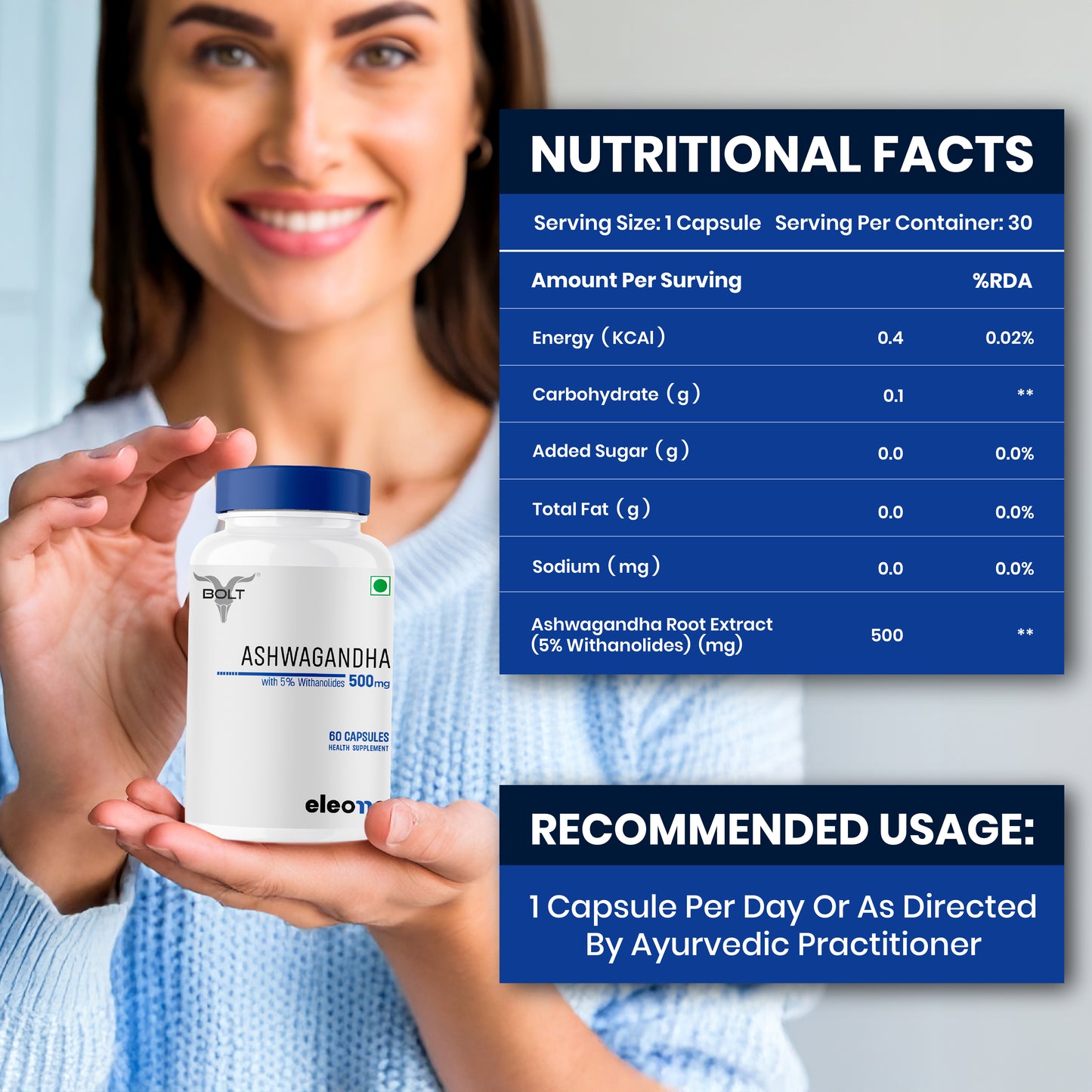 eleone by Bolt Ashwagandha (30 Veg Capsules) | standardized to 5% Withanolides | Support strength & energy