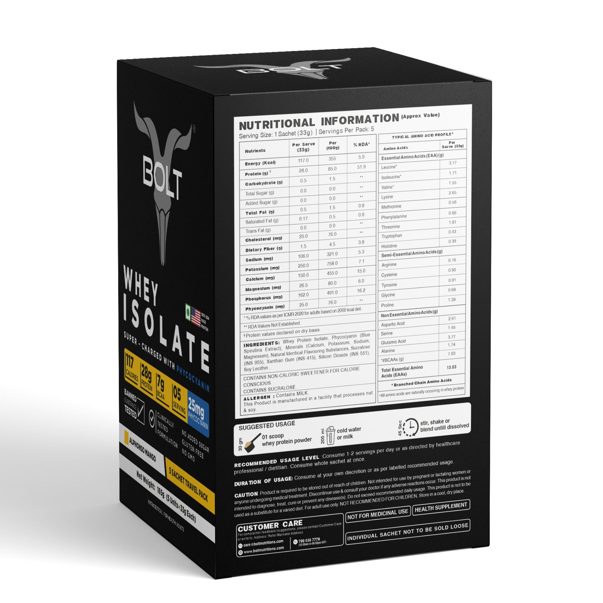 Bolt Whey Isolate Protein 5 Sachet Travel (5x33g) | With Superfood PHYCOCYANIN | USA Formulation & Origin-Dietary Supplements-Bolt Nutrition India-Bolt Nutrition, Alphonso Mango