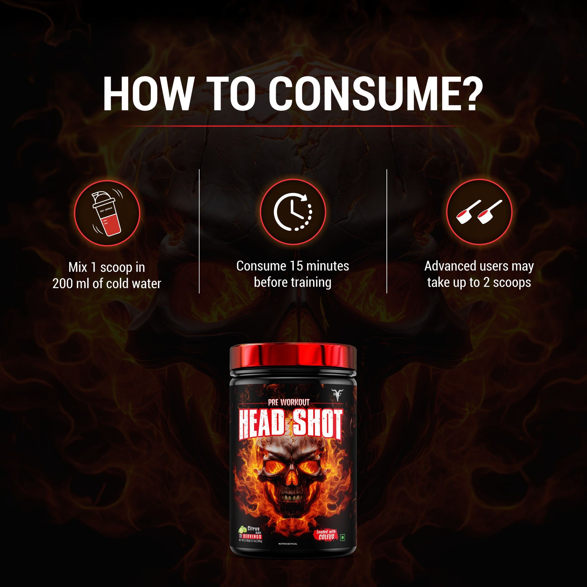 Citrus Blaze, head shot pre workout supplement Person holding a black protein shaker with consumption instructions on a red background

