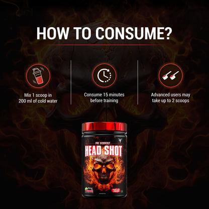 Citrus Blaze, head shot pre workout supplement Person holding a black protein shaker with consumption instructions on a red background
