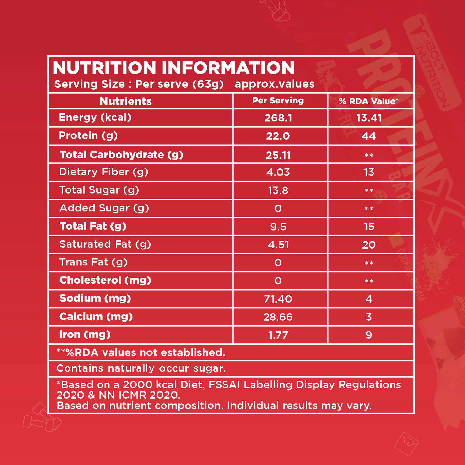 Cookie & Cream, Protein bar Nutrition Information label with 22g protein per 63g serving and 268 kcal energy.