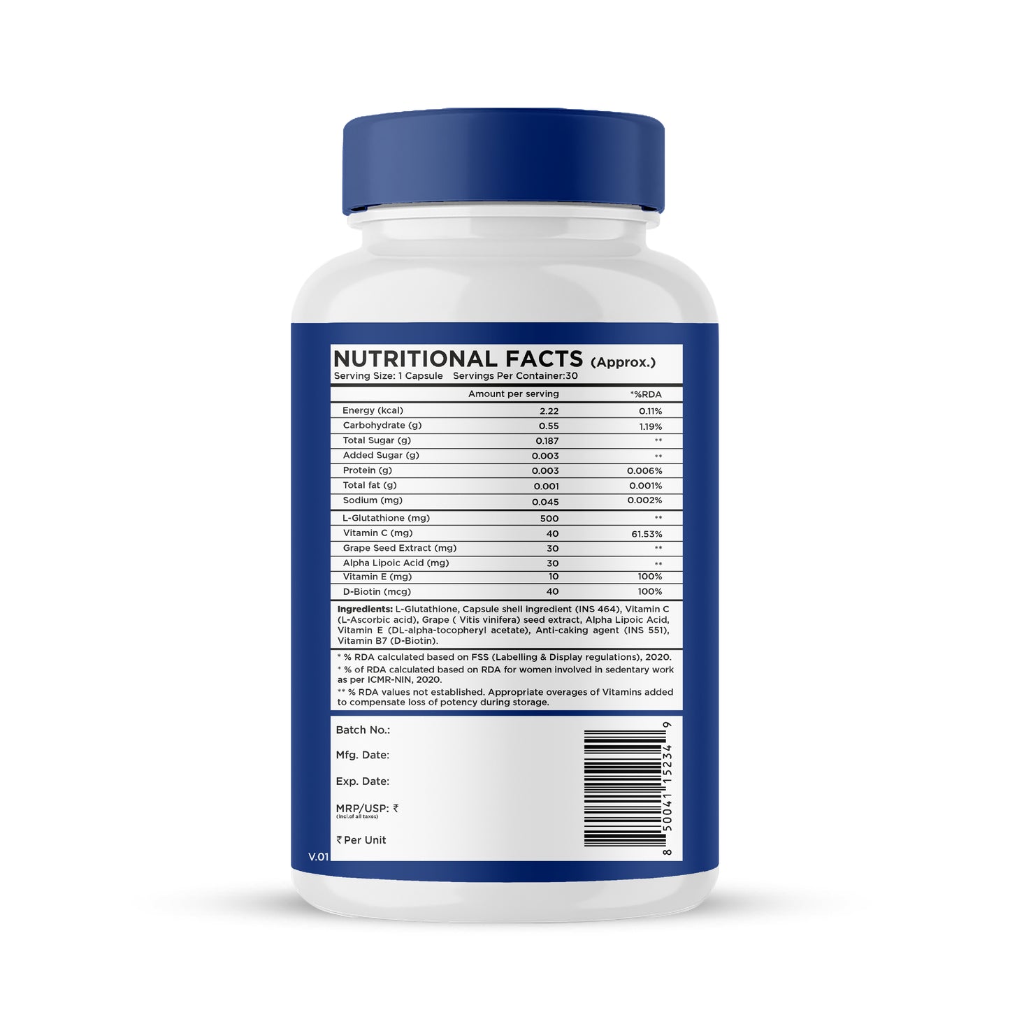 eleone by Bolt Glutathione (30 Veg Capsules) | With Vitamin C & E, Biotin | For Skin Glow and Hydration