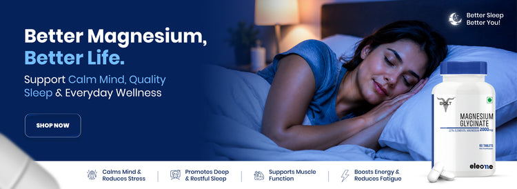 Advertisement for magnesium supplement with a woman lying in bed and product packaging.