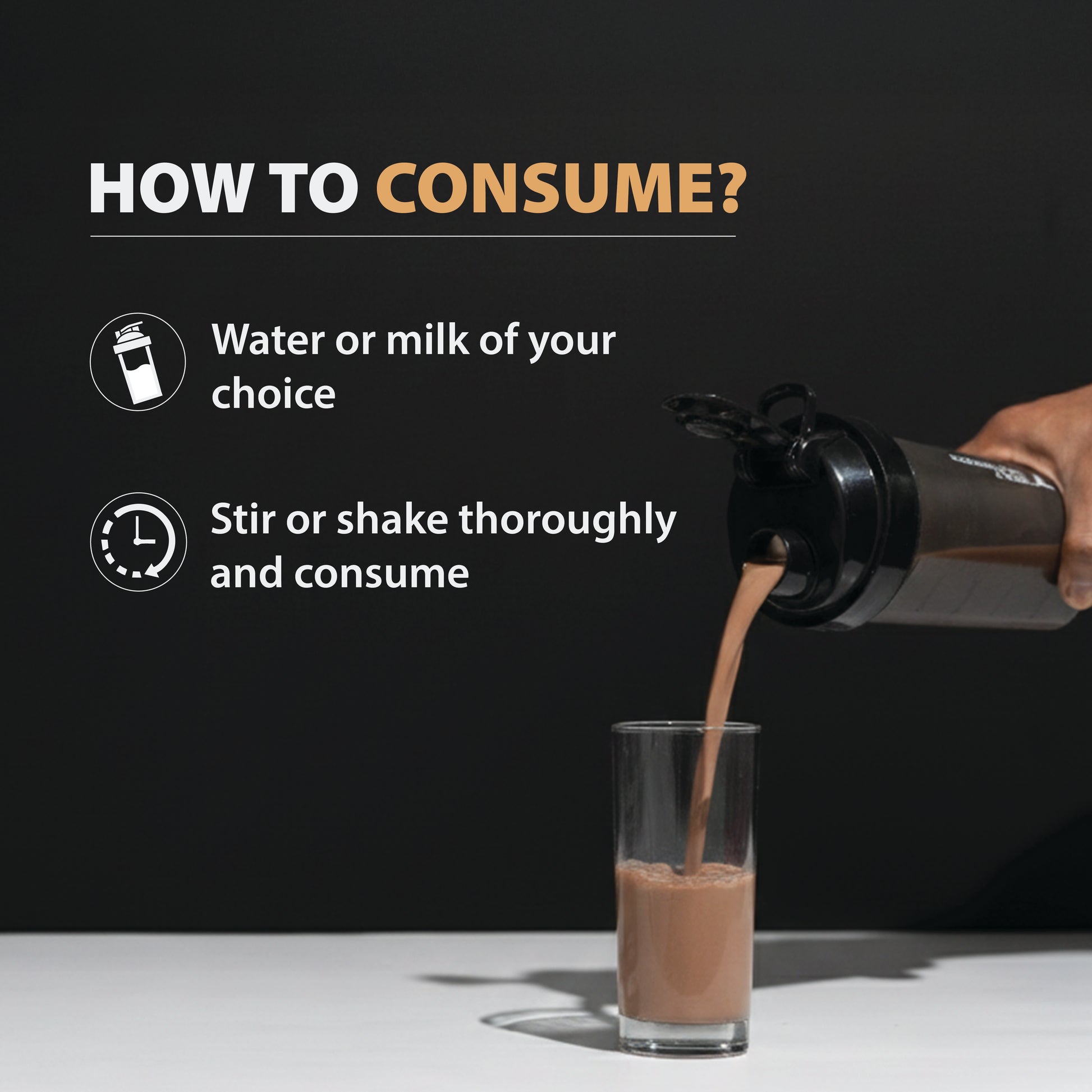 swiss chocolate_Instructions on how to consume a supplement being poured into a glass with a black background.