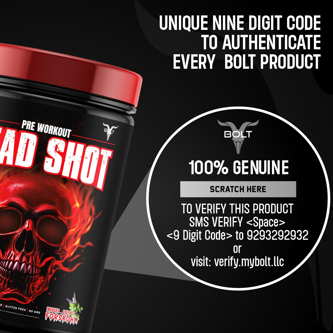 Citrus Blaze, head shot  Pre-workout supplement container with red lid and skull design on a black background, featuring Bolt branding.