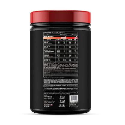 Citrus Blaze, head shot pre workout supplement Black container with red lid displaying nutritional facts on a white background