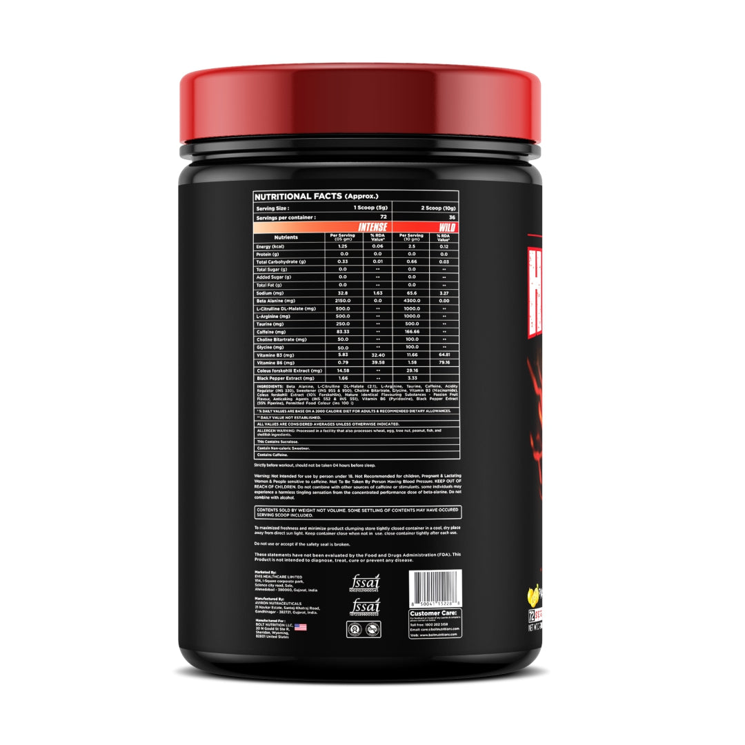 Passion Fruit, bolt head shot pre workout Black supplement container with red lid and nutritional facts label on a white background