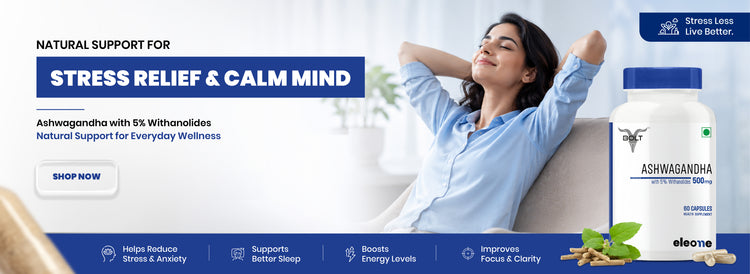 Woman relaxing on a couch with Ashwagandha supplement packaging and text about stress relief and calm mind.