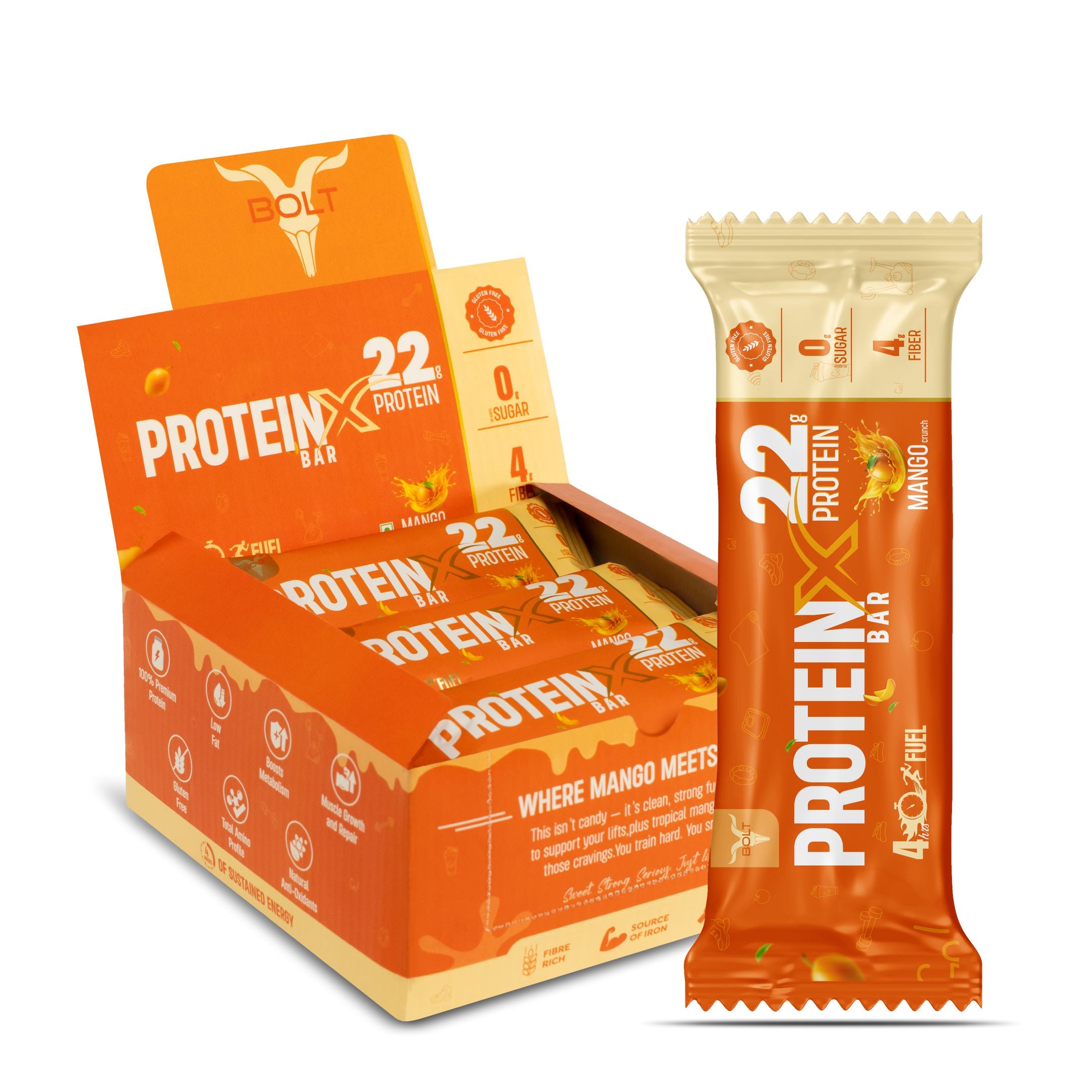 Bolt Protein Bar | 22g Protein | Mango Crunch | High-Performance Protein Bar
