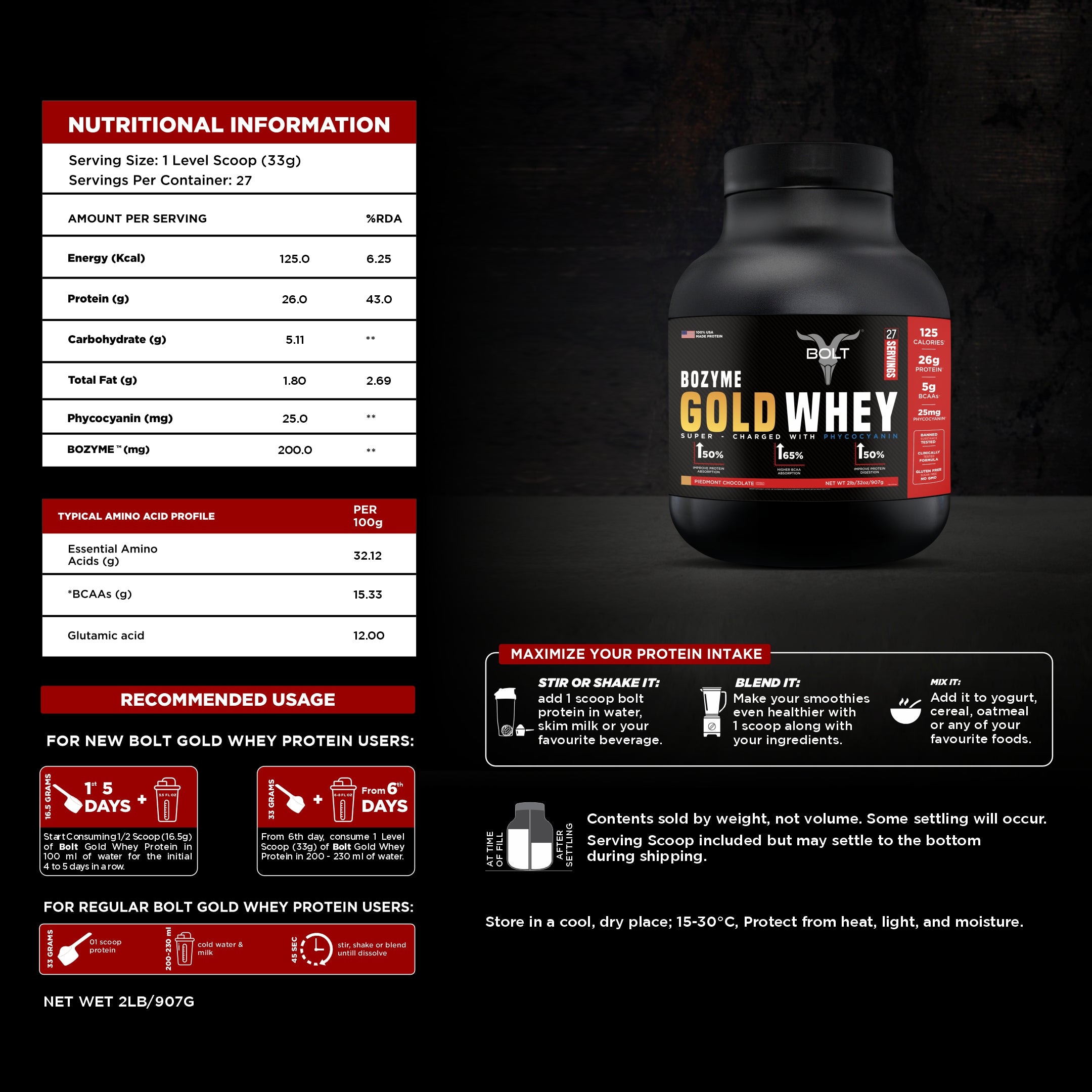 Nutritional Information of Bolt Bozyme Gold whey protein 