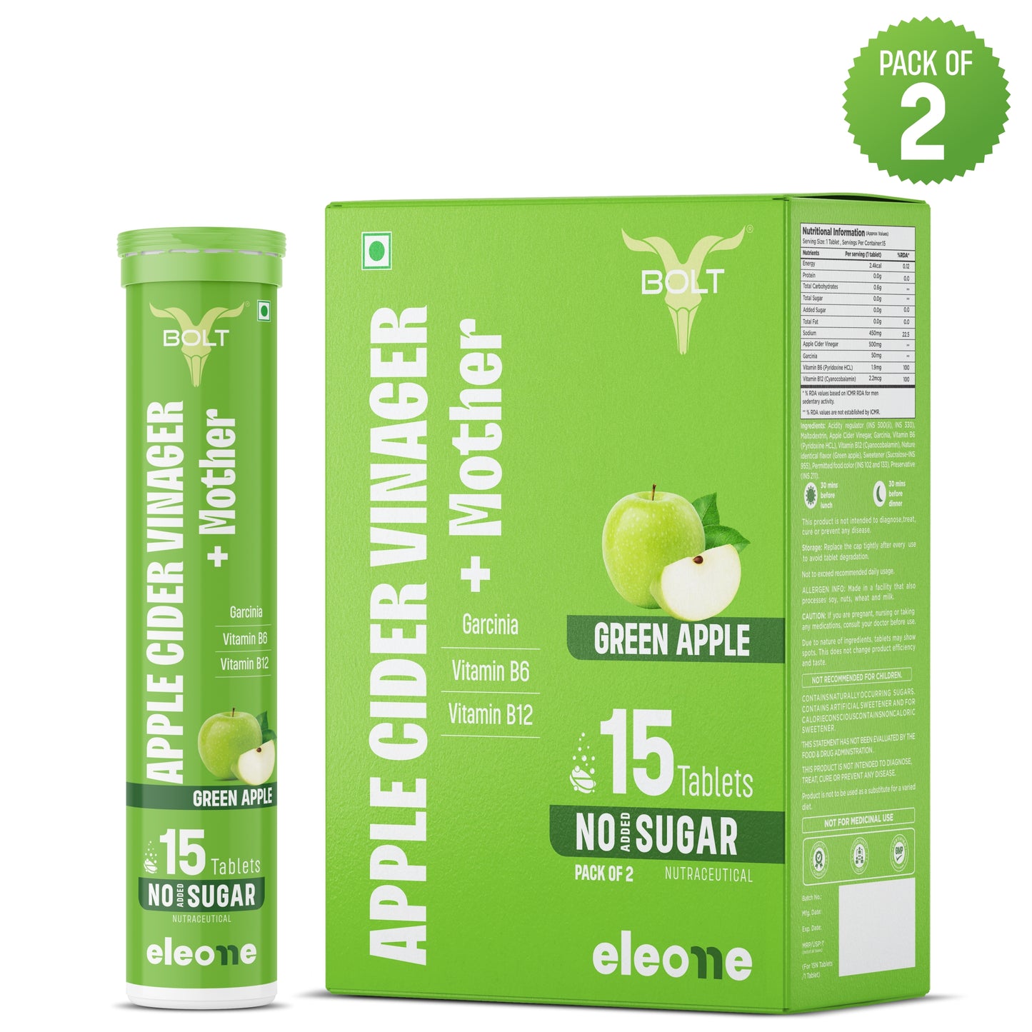 Green apple flavored Apple Cider Vinegar with Mother packaging and tube on a white background