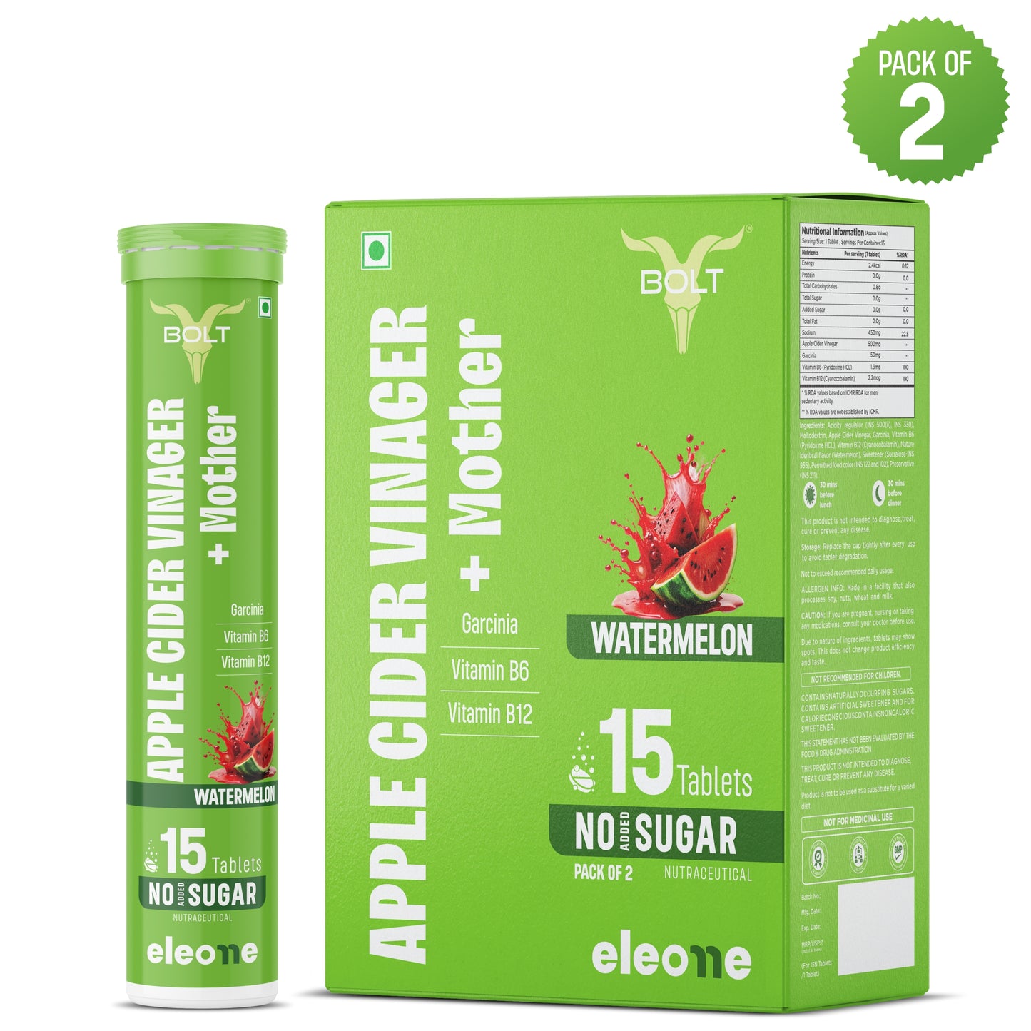 watermelon Apple Cider Vinegar + Mother supplement packaging with green and white design.
