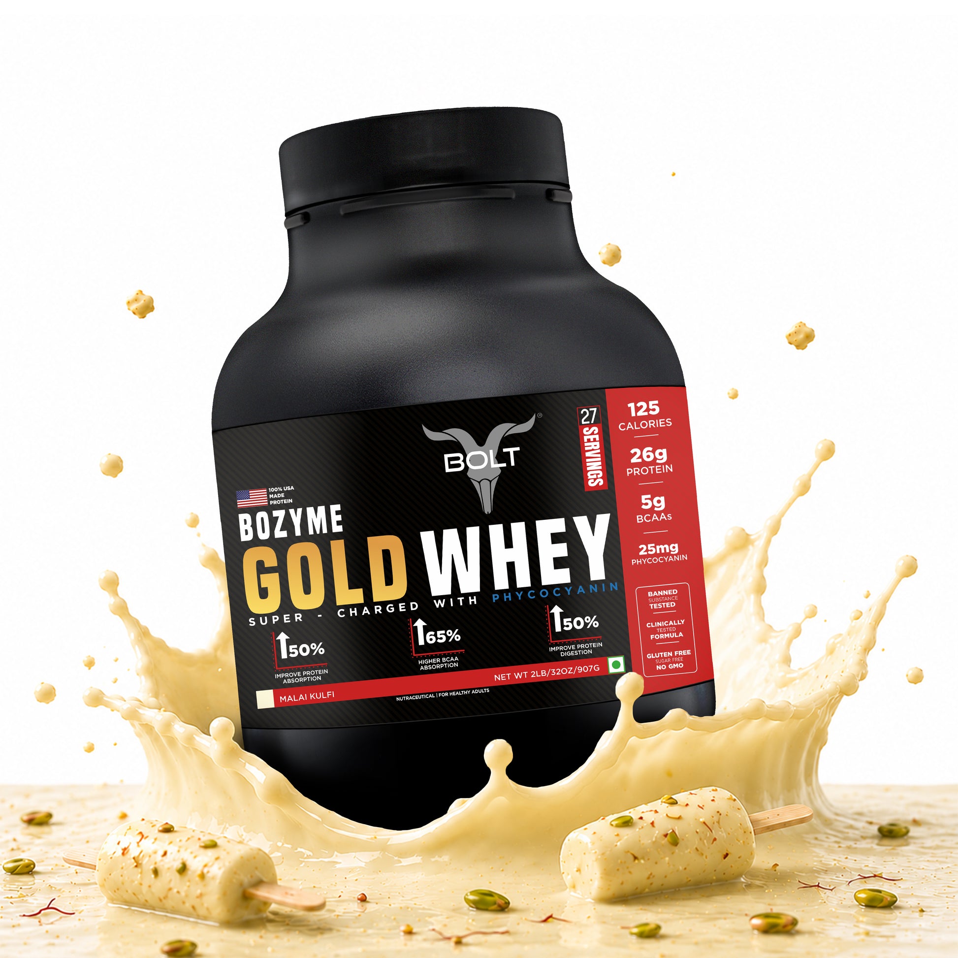 bolt gold whey protein malai kulfi flavour
